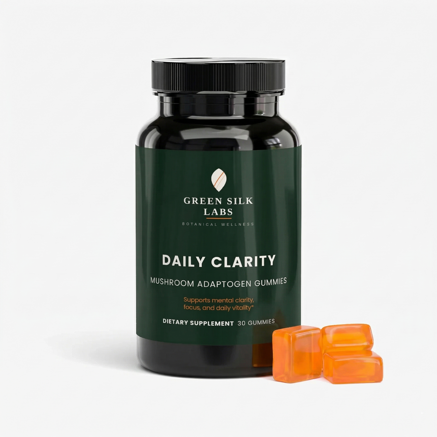 Green Silk Labs Daily Clarity supplement bottle with gummies on a white background
